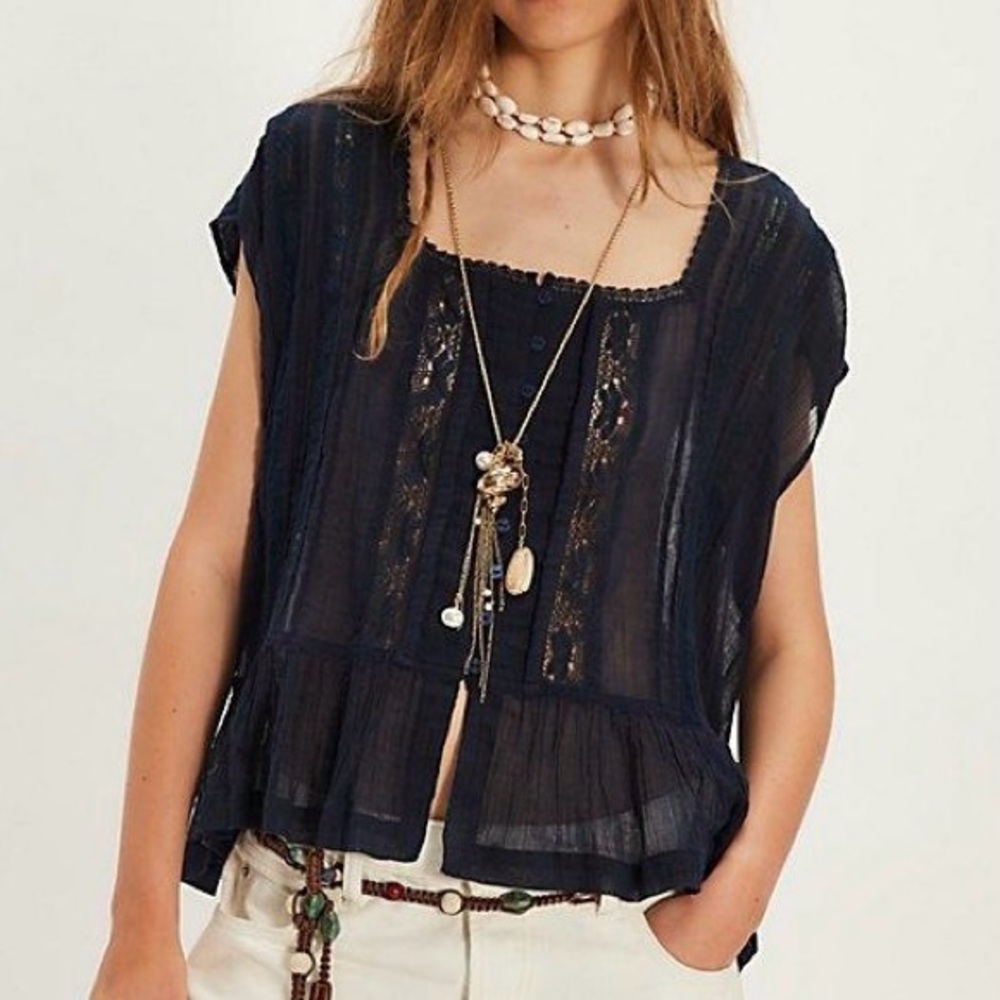 NEW Free People FP One Georgia Blouse Top Lace Trim Capped Sleeve Clean Blue L